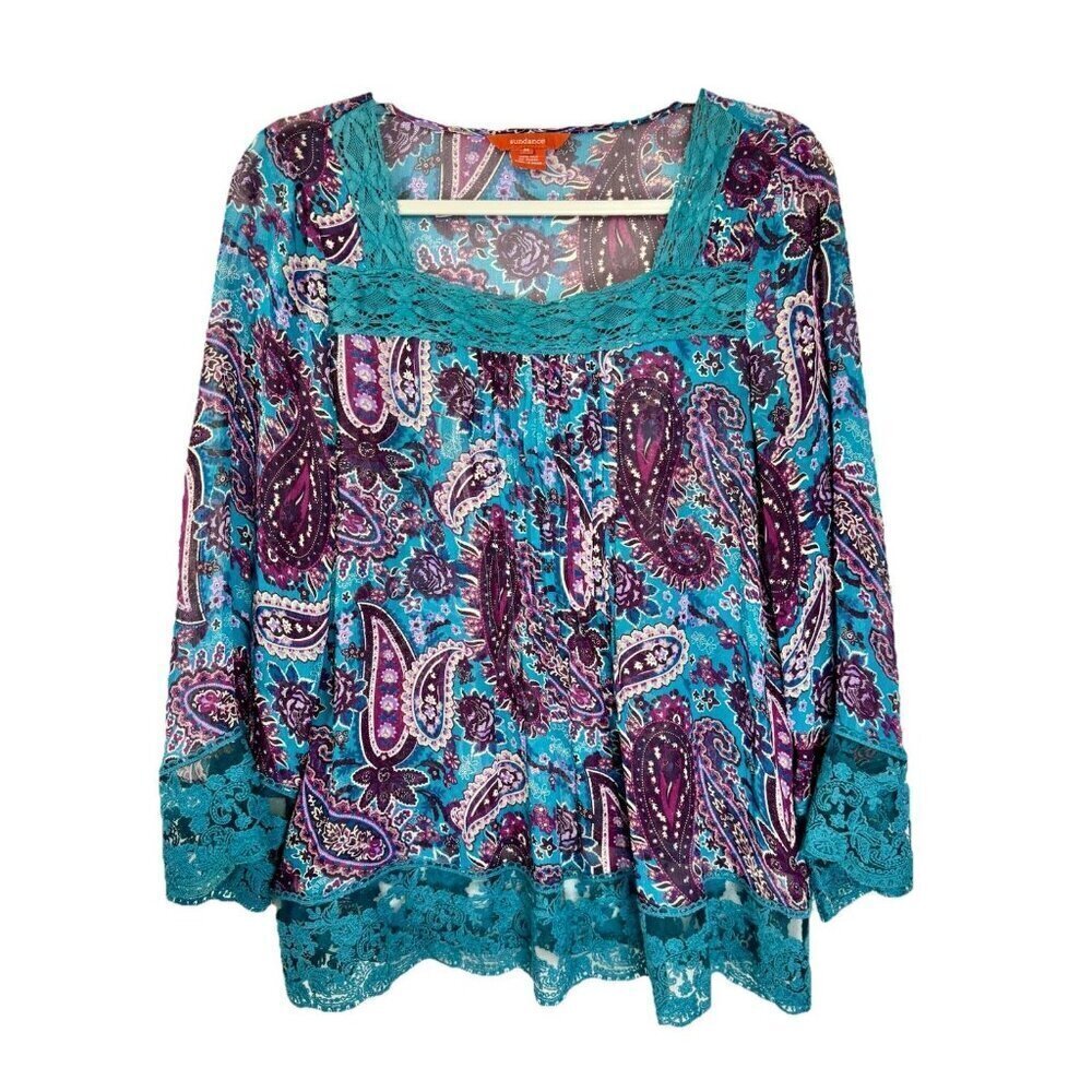 Sundance Reina Tunic Top Medium Teal Purple Silk Lace Semi Sheer Paisley Floral